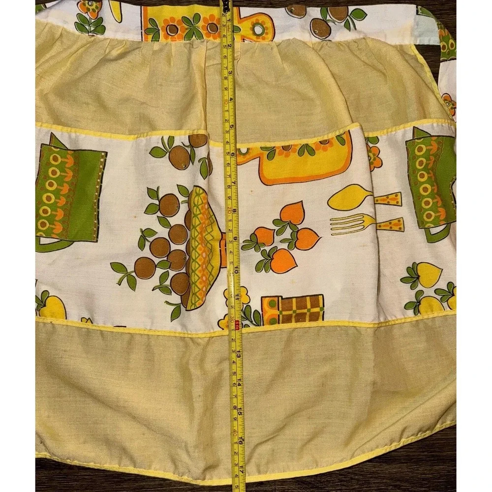Vtg Half Apron Grannycore Retro Pocket Floral Fork Spoon Baking Kitchen Yellow